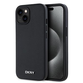 Levně DKNY PU Leather Silver Metal Logo Magsafe Zadní Kryt pro iPhone 14 Black