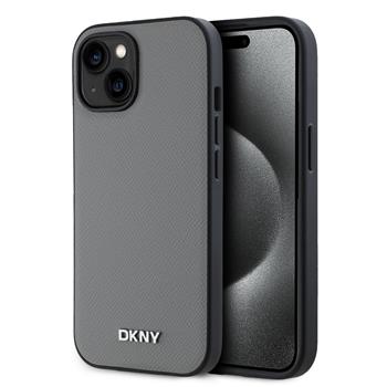 Levně DKNY PU Leather Silver Metal Logo Magsafe Zadní Kryt pro iPhone 13 Grey