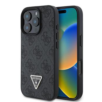Guess PU 4G Strass Triangle Metal Logo kryt pro iPhone 16 Pro černý