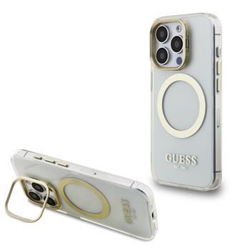 Guess IML Gold Outline Stand Camera Frame MagSafe kryt iPhone 15 Pro čirý