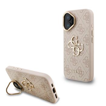 Guess PU 4G Metal Logo Stand Camera Frame kryt iPhone 16 růžový