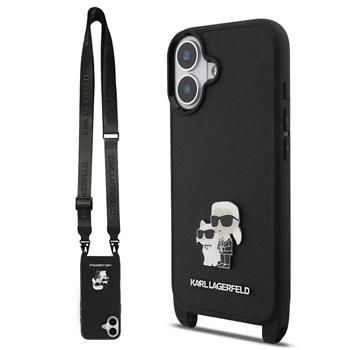 Levně Karl Lagerfeld Saffiano Crossbody Popruh Metal Karl and Choupette Zadní Kryt pro iPhone 17 Black