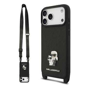 Levně Karl Lagerfeld Saffiano Crossbody Popruh Metal Karl and Choupette Zadní Kryt pro iPhone 17 Pro Black