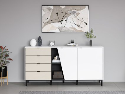 Komoda na nožičkách WOLF, biela/čierna/pieskovec