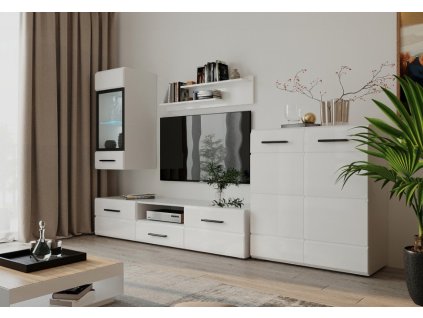 Obývacia stena s LED LASKALA, biela/biely lesk