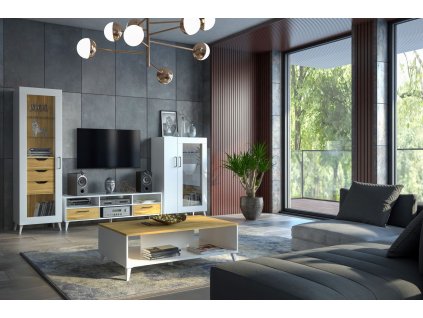 Obývacia stena BOSKO, biela matná / americký orech svetlý