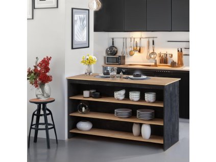 Kuchynský ostrovček TREVIS 04, čierny betón/dub craft