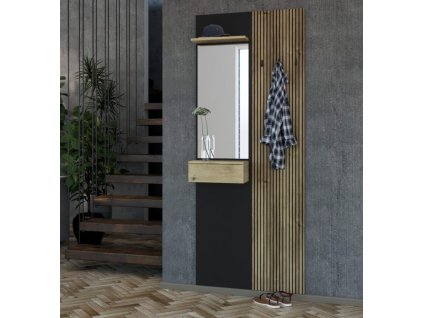 Vešiakový panel s lamelami WALERIA 02, čierny / dub Karlstad