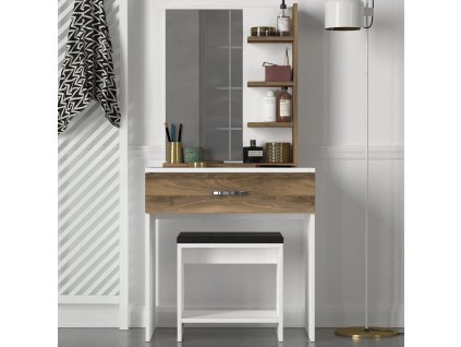 Toaletný stolík so zrkadlom OLIVE, biela / orech