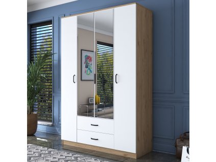 Šatníková skriňa so zrkadlom LINE, orech/biela