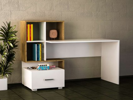 Široký písací stôl GLUM, biela/orech