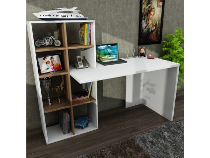 PC stôl s regálom WONDER, biela / orech