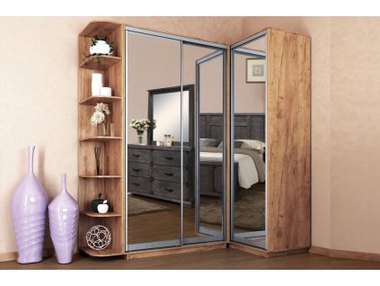 Rohová šatníková skriňa LAVAN, dub zlatý/zrkadlo