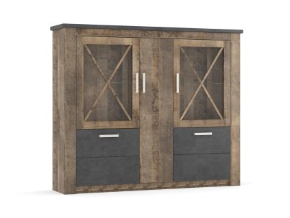 Trojdverová komoda s vitrínou OLEXIA, dub kolonial-matera