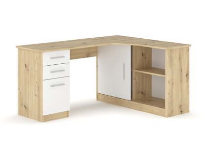 Rohový písací stôl BERTA, dub Artisan/biela