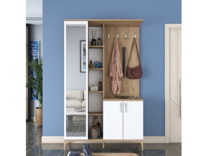 Predsieňová stena so zrkadlom DRAGON, biela/orech