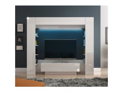 Luxusní TV a media stěna, bílá/bílá extra vysoký lesk, MONTEREJ