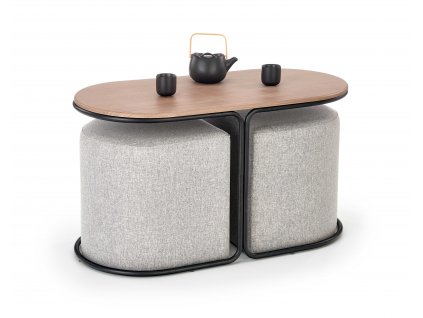 Konferenční stolek PAMPA, s pufy, horní deska: ořech, nohy: černé, pufy: šedé