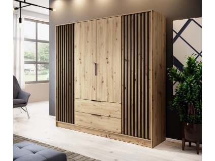 Šatní skříňka 4D Forsea 206 cm - dub artisan/černá lamela