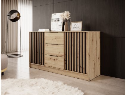 Komoda 3D Forsea 155 cm - dub artisan/černá lamela