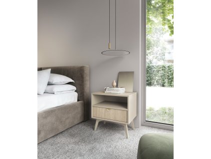 Noční stolek Gump FS55 - pískově béžová/dub Herringbone scandi