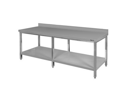 Stol gastronomiczny ze stali nierdzewnej przyscienny z polka i 6 nogami Mega M 220x70x85 cm MTP005110