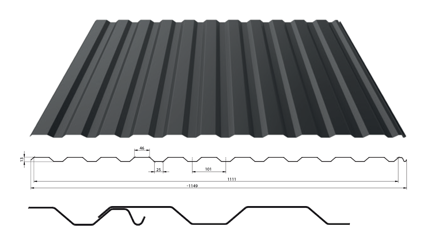 Trapézový plech T-14+ tl. 0,5 mm (střešní) Barva: RAL 7016, Povrchová úprava: Poliester Standard RAL