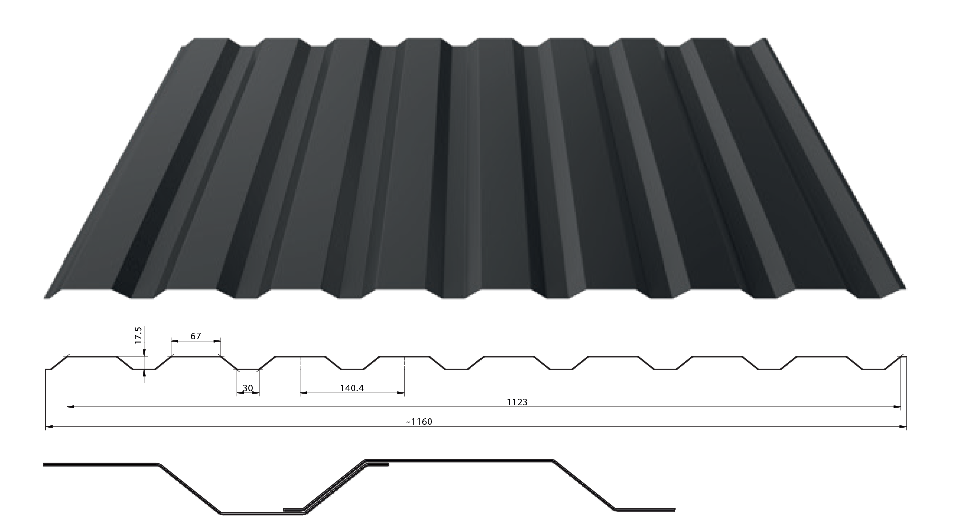 Trapézový plech T-18 tl. 0,5 mm (fasádní) Barva: RAL 7016, Povrchová úprava: Poliester Standard RAL