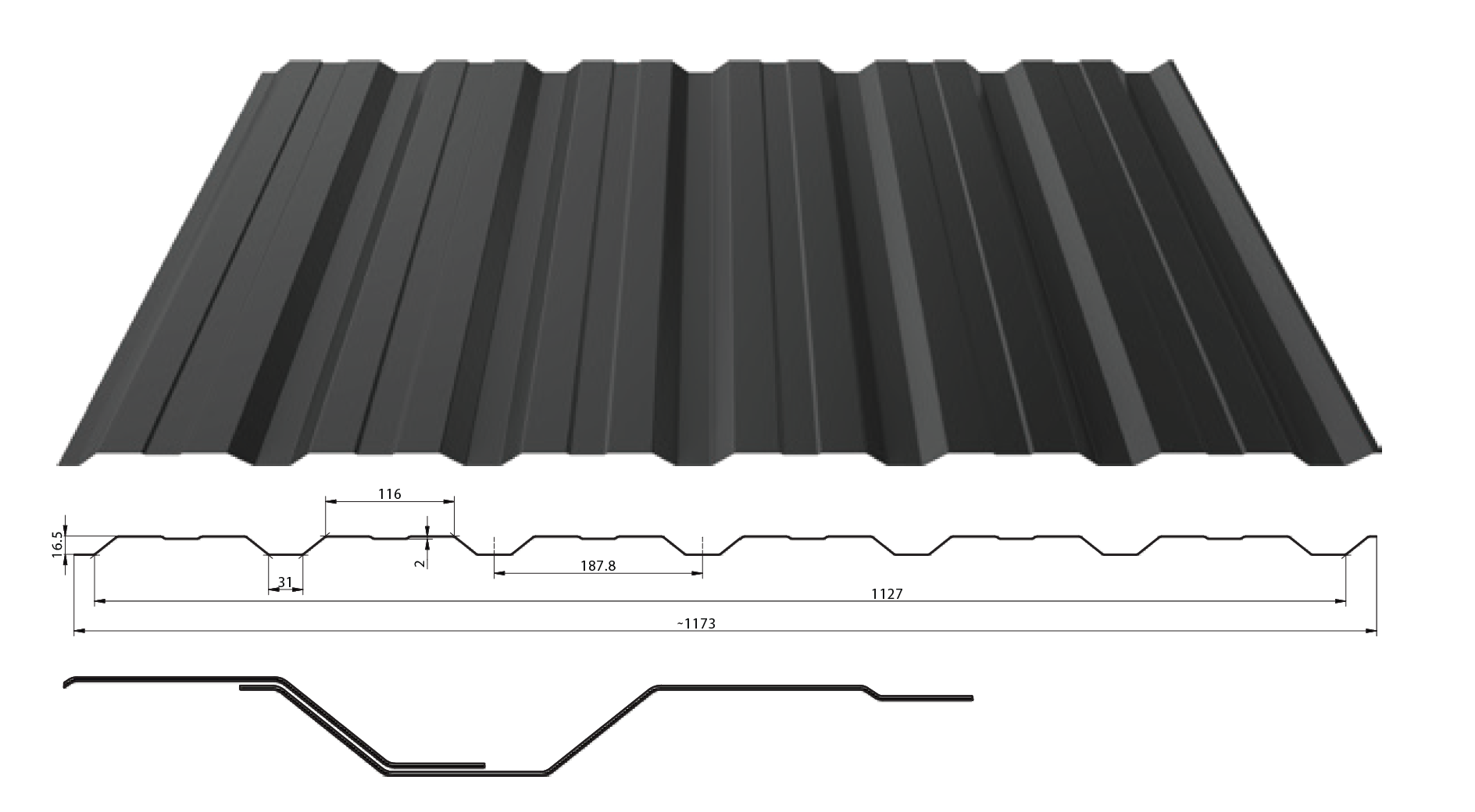 Levně Trapézový plech T-18+ tl. 0,5 mm (fasádní) Barva: RAL 7024, Povrchová úprava: Poliester Standard MAT