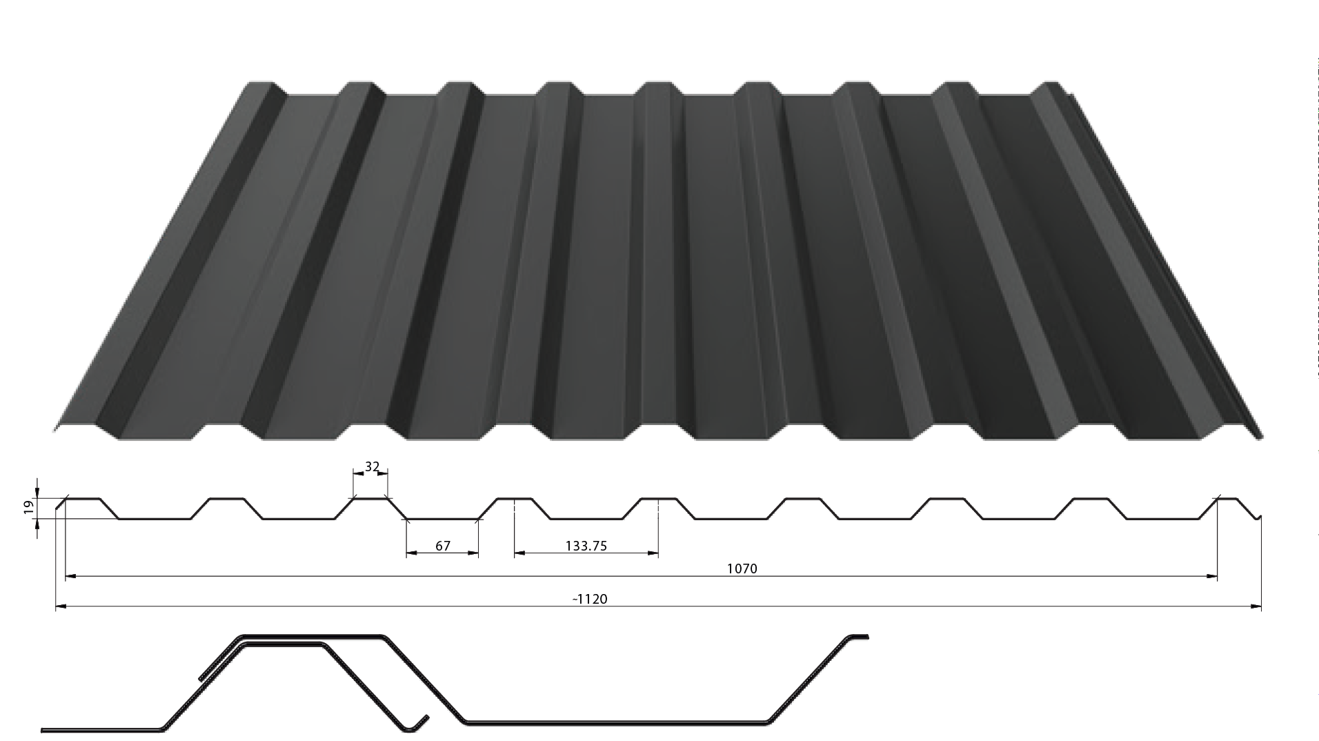 Trapézový plech T-20+ tl. 0,5 mm (střešní) Barva: RAL 7016, Povrchová úprava: Poliester Standard RAL