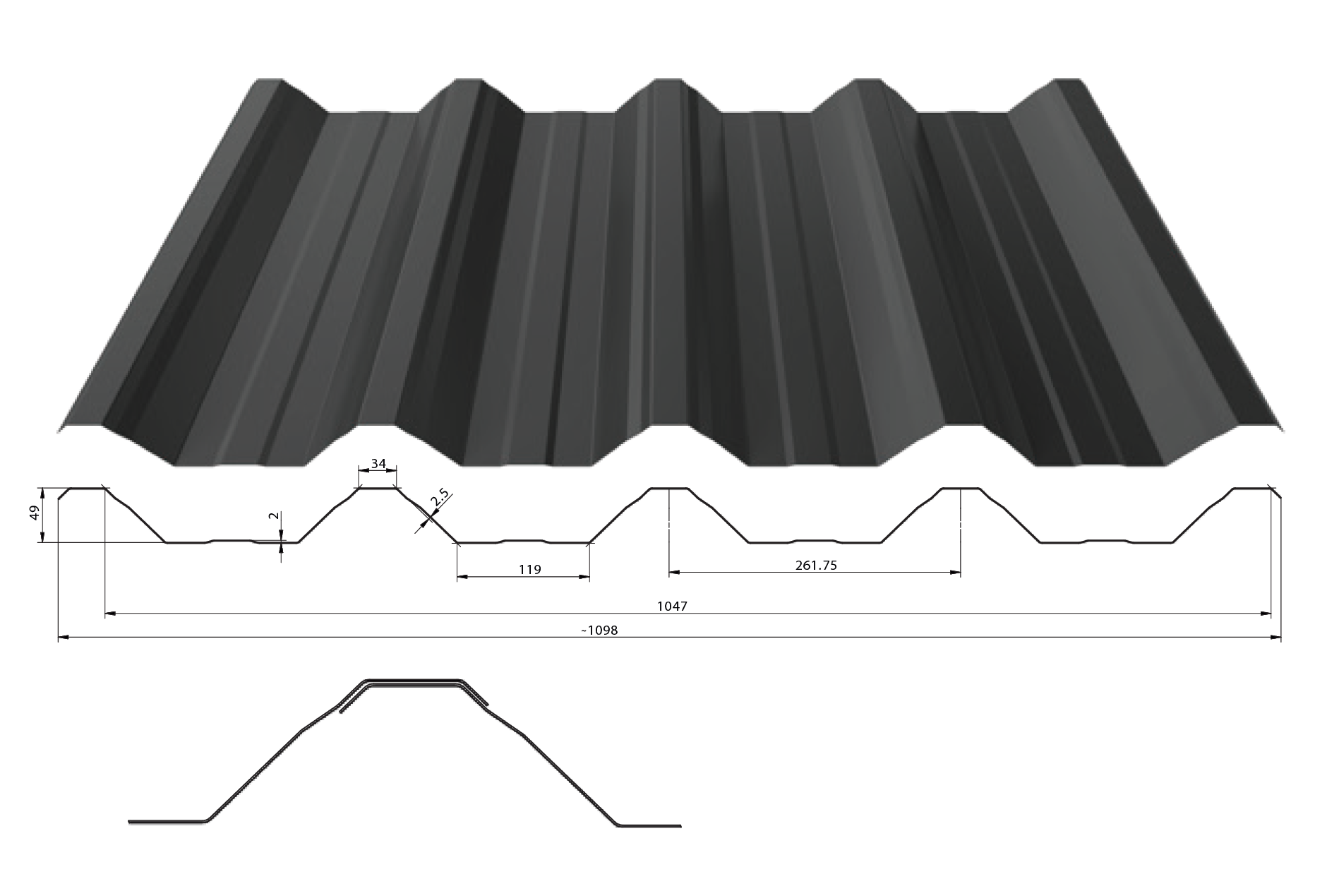 Trapézový plech T-50 tl. 0,5 mm (střešní) Barva: RAL 7016, Povrchová úprava: Poliester Standard RAL