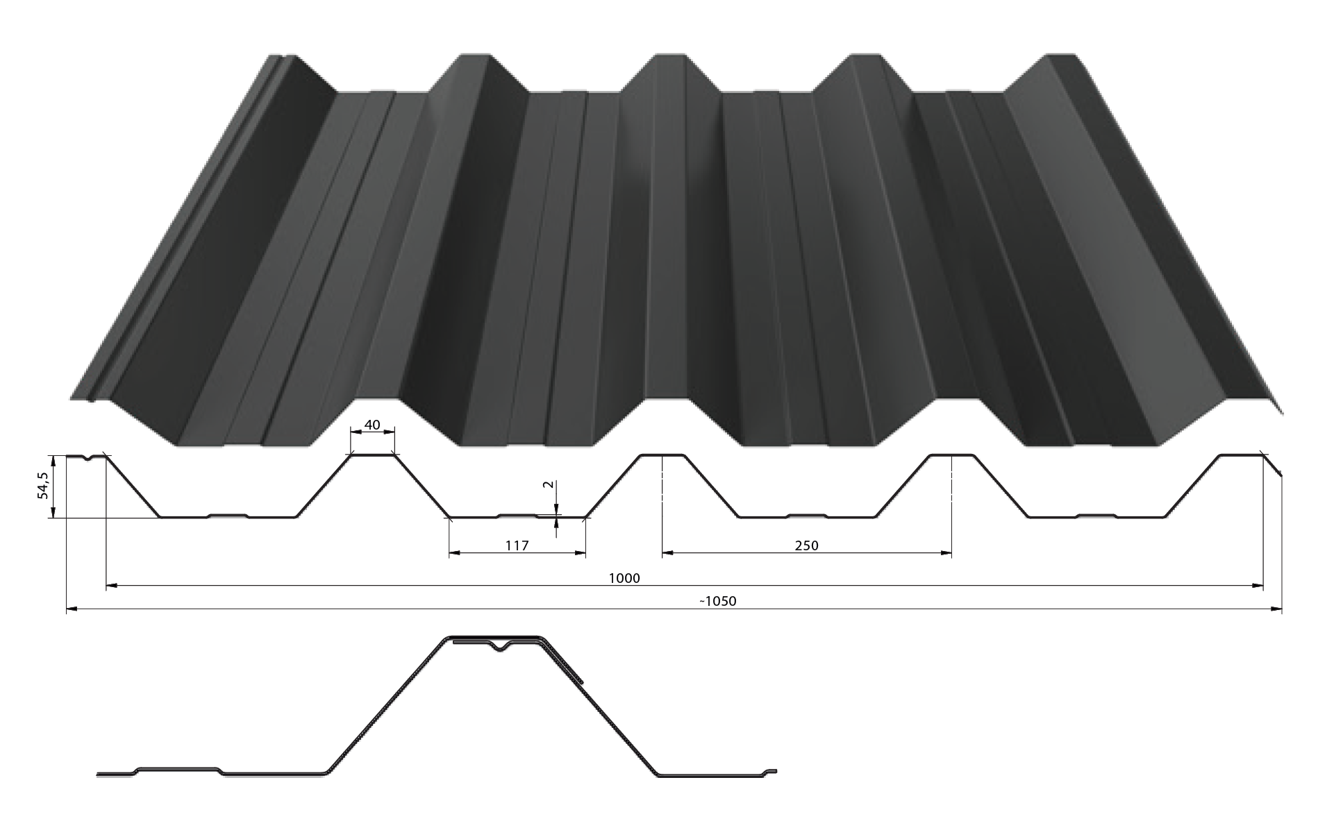 Trapézový plech T-55 tl. 0,5 mm (střešní) Barva: RAL 7016, Povrchová úprava: Poliester Standard RAL