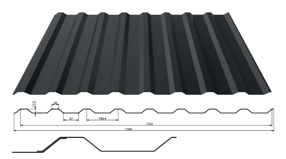 Trapézový plech T-18 tl. 0,7 mm (střešní) Barva: RAL 7016, Povrchová úprava: Poliester Standard RAL