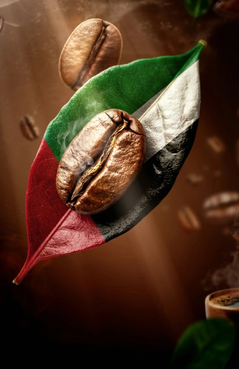 A coffee bean placed on a leaf, with additional beans in the background