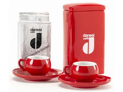 Danesi Duo Plus комплект червен - Касета за тъмно кафе 250 г + 2 чаши и 2 чинийки - червен