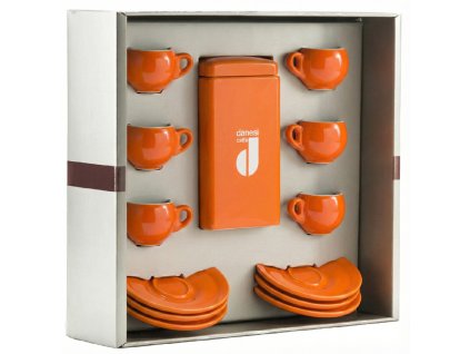 Pack regalo Danesi La Forma - Cassette Kava Dark's 250 g + 6 tazas de espresso y 6 platillos - naranja