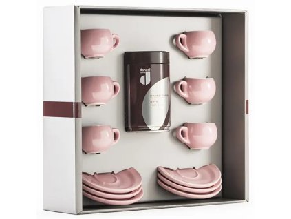 Coffret cadeau Danesi La Forma Sprint - Cassette de kava Dark's 250 g + 6 tasses à expresso et 6 soucoupes - rose