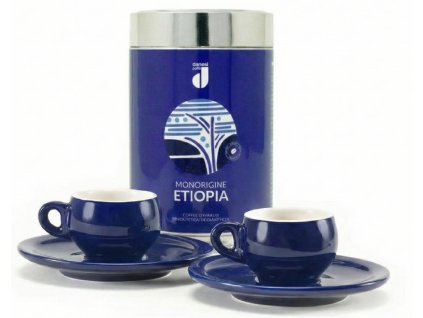 Danesi Duo Plus Set Blauwe Etiopia Grain - Donkere Cassette Koffiebonen 250 g + 2 kopjes en 2 schotels - blauw