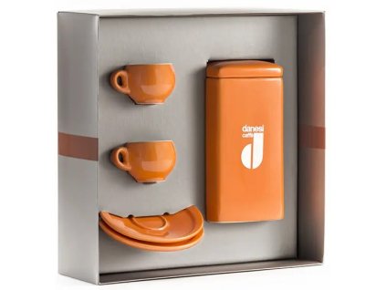 Danesi Duo Plus Set Oranje - Donkere Cassette Koffie 250 g + 2 kopjes en 2 schotels - oranje