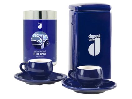 Danesi Duo Plus Set Blue Etiopia Zrno - Darková Kazeta Zrnková Káva 250 g + 2 šálky a 2 podšálky - modrá