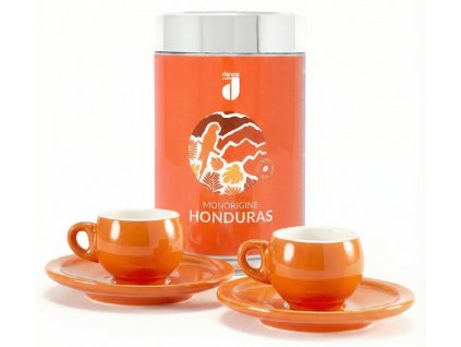 Danesi Duo Plus Set Orange Honduras Mletá - Darková Kazeta Mletá Káva 250 g + 2 šálky a 2 podšálky - oranžová
