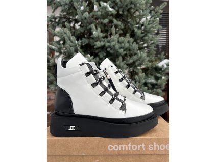 Kožené topánky KLOP – bielo-čierne, zateplené, na platforme