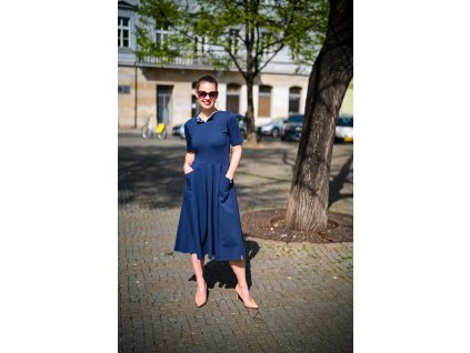 Šaty Lipka - tmavě modré s modrotiskem
