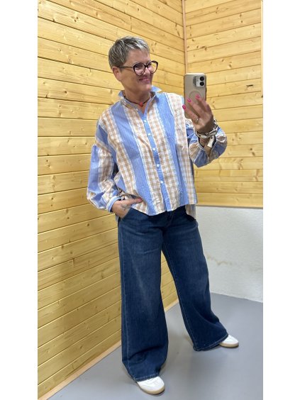 Košile proužek–kostka modro-béžová s krajkou