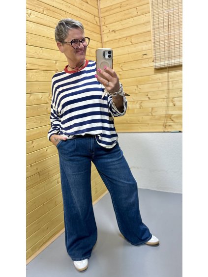 Široké tmavě modré jeans s elastickým pasem