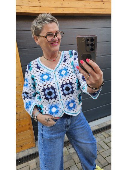 Háčkovaný svetřík Ocean – zapínací