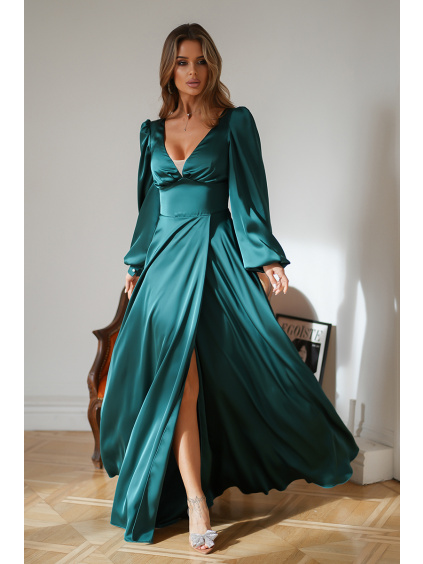Spoločenské smaragdové saténové dlhé šaty 298-13
