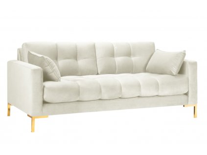 Krémszínű bársony háromszemélyes kanapé MICADONI MAMAIA 217 cm, aranyszínű talppal