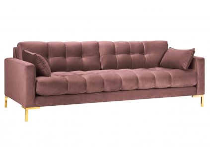 Rózsaszín bársony háromszemélyes kanapé MICADONI MAMAIA 217 cm, aranyszínű talppal