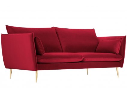 Piros bársony háromszemélyes kanapé MICADONI AGATE 223 cm, arany alappal